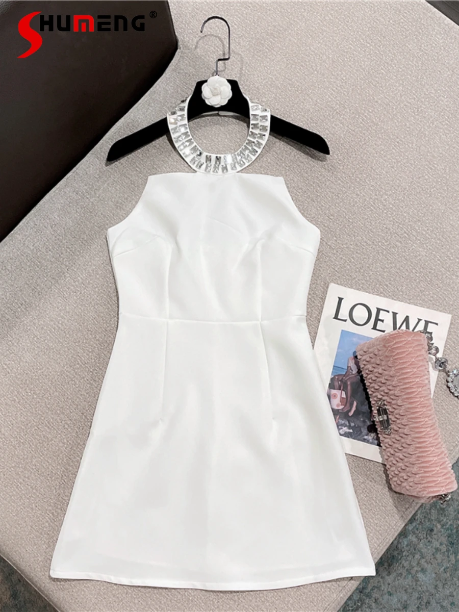 

2022 Summer New French Style Sexy Socialite Backless Mini Dress Women's Fashion Heavy Rhinestone Halter Sleeveless Bodycon Dress