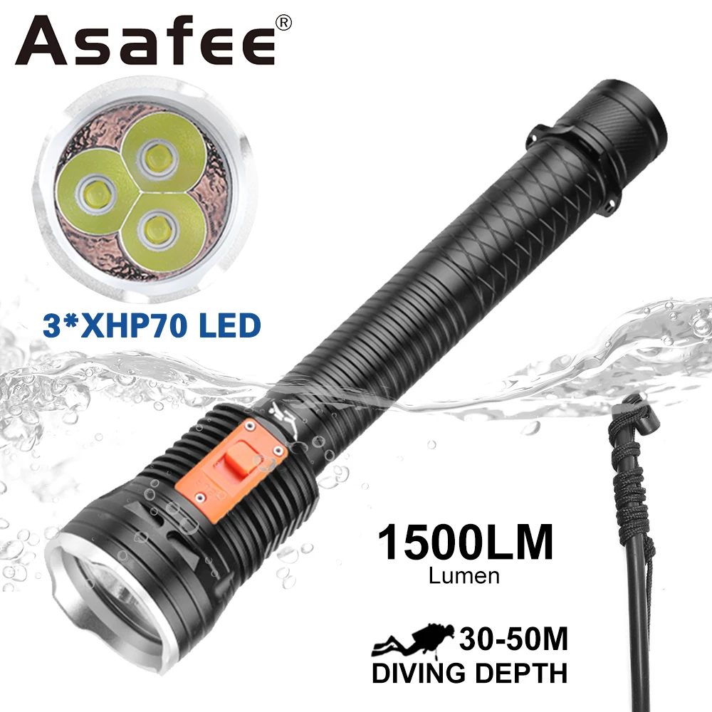 

Asafee D899 50M Underwater Diving Flashlight P70 LED 2500LM Magnetic Switch Scuba Torch 300M Range Lantern IPX8 Waterproof Lamp