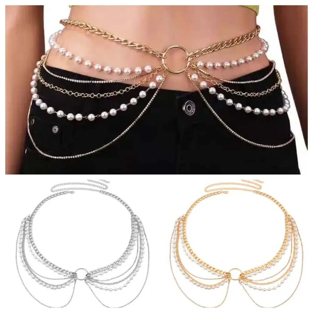 Лаконичная поясная цепочка со стразами винтажный готический пояс с жемчугом