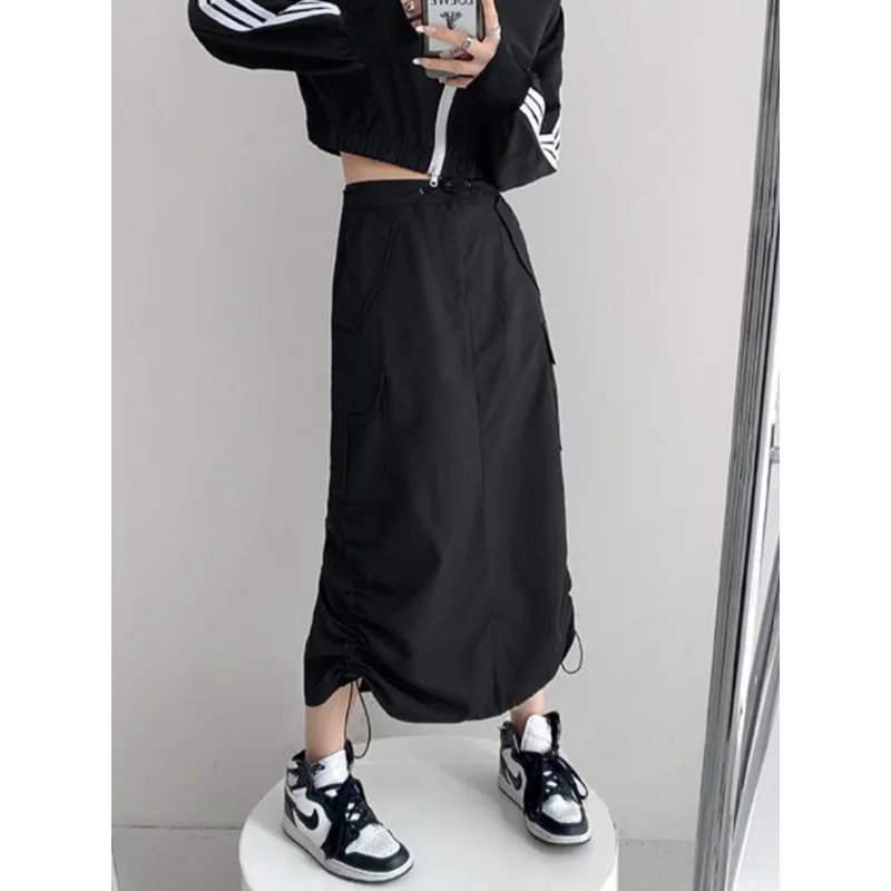 

Y2k Midi Skirts Women Cargo Hipster Harajuku Vintage Loose Hot Girls Fashion Ins Ulzzang Chic Streetwear Back-slit Drawstring