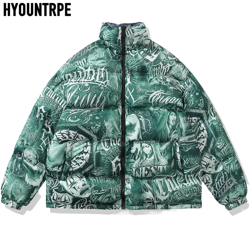 Mens Hip Hop Reversible Jacket Casual Winter Thick Warm Harajuku Punk Gothic Print Bomber Coats Cotton Padded Winter Warm Zipper
