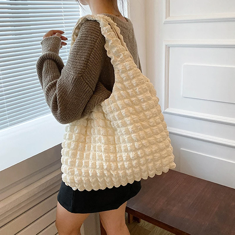 

Korean Fashion Cloud Bubble Flower Shoulder Bag For Girls Soft Simple Plaid Shopping Bags Solid Color Grocery Handbags Female