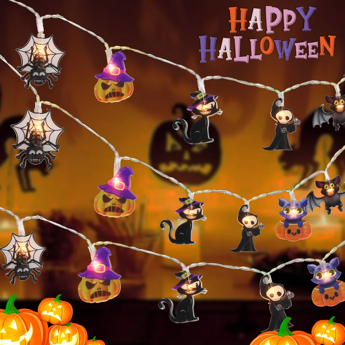 Dekoracyjna wisząca girlanda na Halloween z pająkiem Dynia Kot Szkielet Nietoperz Samodzielny kształt zwierzęcia Sznurek oświ...