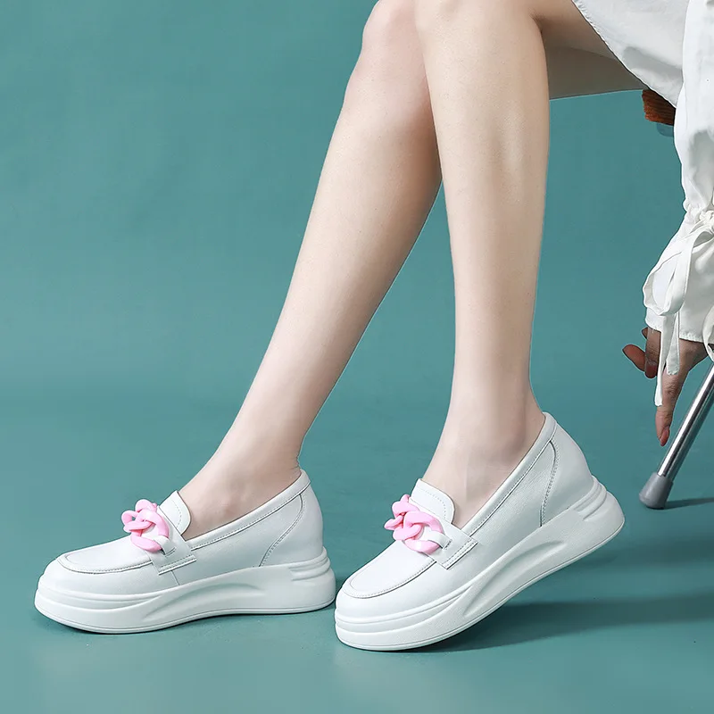 

Genuine Leather Women's Shoes Thick Soled Loafers Women's Chain Slope Heel Increased By 6cm High-heeled Platform Leather Shoes