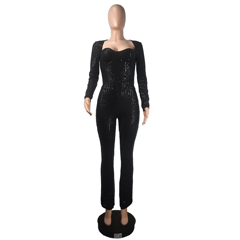 Women's Jumpsuit Spring 2023 New Product Bra Long Slim Long Sleeve Sequin Jumpsuit Women Elegant Long Jumpsuits Without Belt