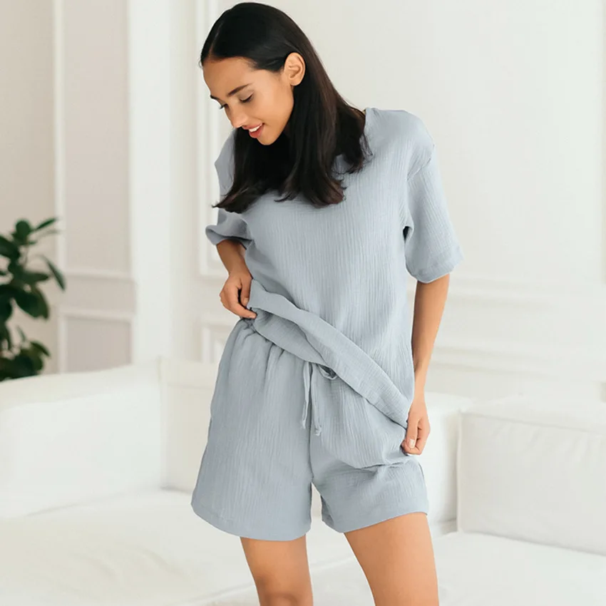 Casual Pajamas Sets Sleepwear 2pcs Solid Color Sleep Suit Shirt Shorts Loungewear Home Clothing Round Neck Nightwear
