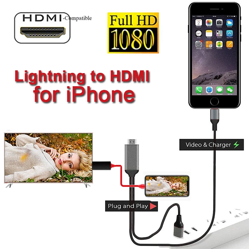 Lightning to HDMI Adapter Cable 2M 1080P HDMI Sync Screen Digital TV HD Adapter Converter Cable for iPhone IOS to HDTV/Projector