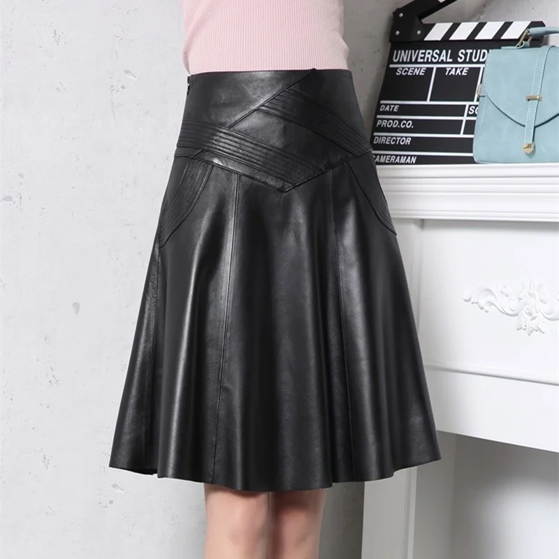 

S-5XL plus size genuine female leather skirt high waist midi female skirt black 60 cm long phallus mujer royal skin plied jupe