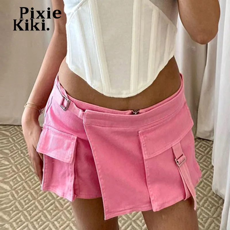 

PixieKiki Irregular Pocket Cargo Skirts for Girls Y2k 2000s Streetwear Women Cute Sexy Low Waisted Mini Skirt Pink Khaki P98CE16