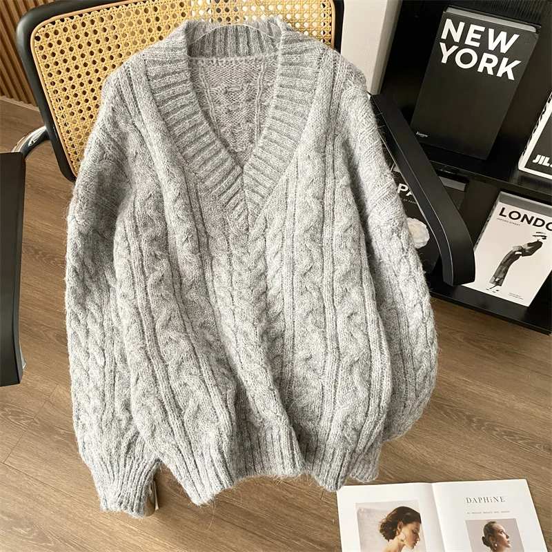 

Autumn Winter Sweaters Women V-neck Casaul Japanese Fashion Knit Tops Long Warm Sweater Lazy Loose Knitwear