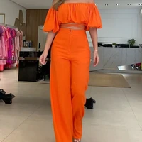 liyong women summer two piece set puff sleeve off shoulder top solid color long pants casual style sets