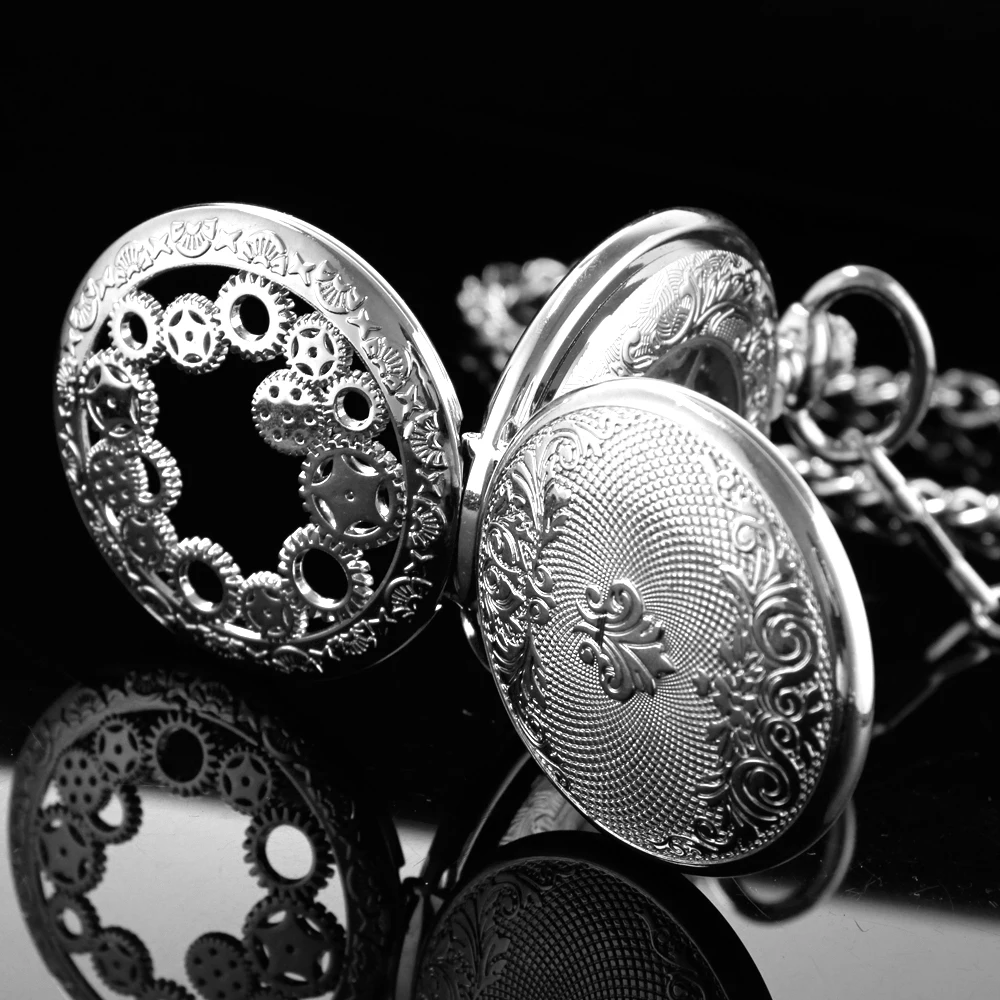 New All Silver Gear Sculpture Stainless Steel Pocket Watch Mechanical Men's Steampunk Retro Style Carving Fob Pendant Clock Lady