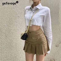 2022 korean preppy summer fashion casual button pocket high waist a line sexy mini skirt streetwear lolita kawaii pleated skirts