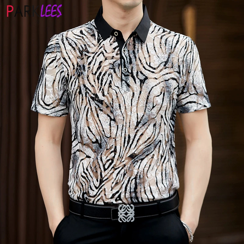 

Luxury Tiger Pattern Sheer Mesh Polo Shirts Mens Summer Sexy New Short Sleeve Transparent Polos Tshirts Social Party Club Tops