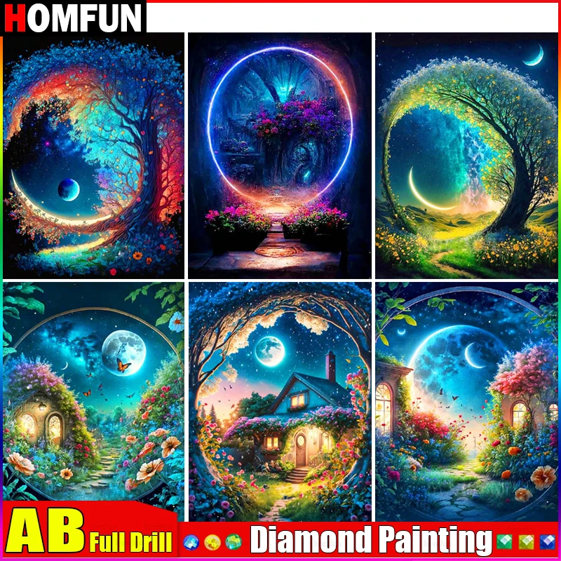 HOMFUN AB полноформатная Алмазная вышивка Лунный дом вид на дереве алмазная живопись