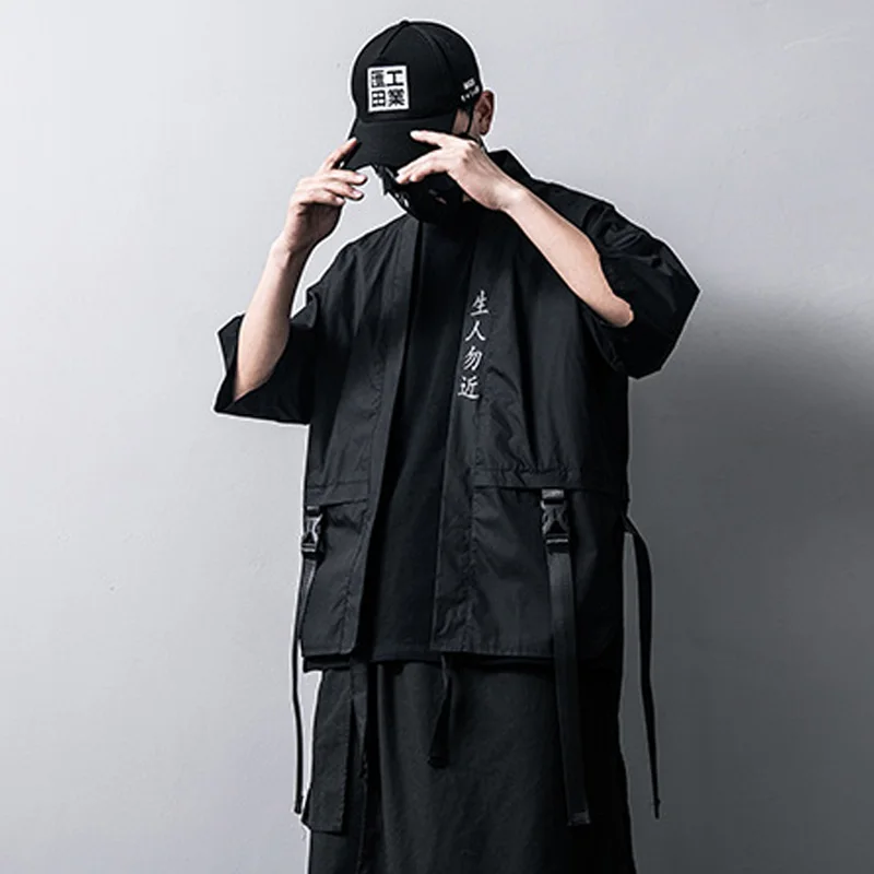 Японская мода мужские Taoist халаты Techwear Повседневный Кардиган с коротким рукавом
