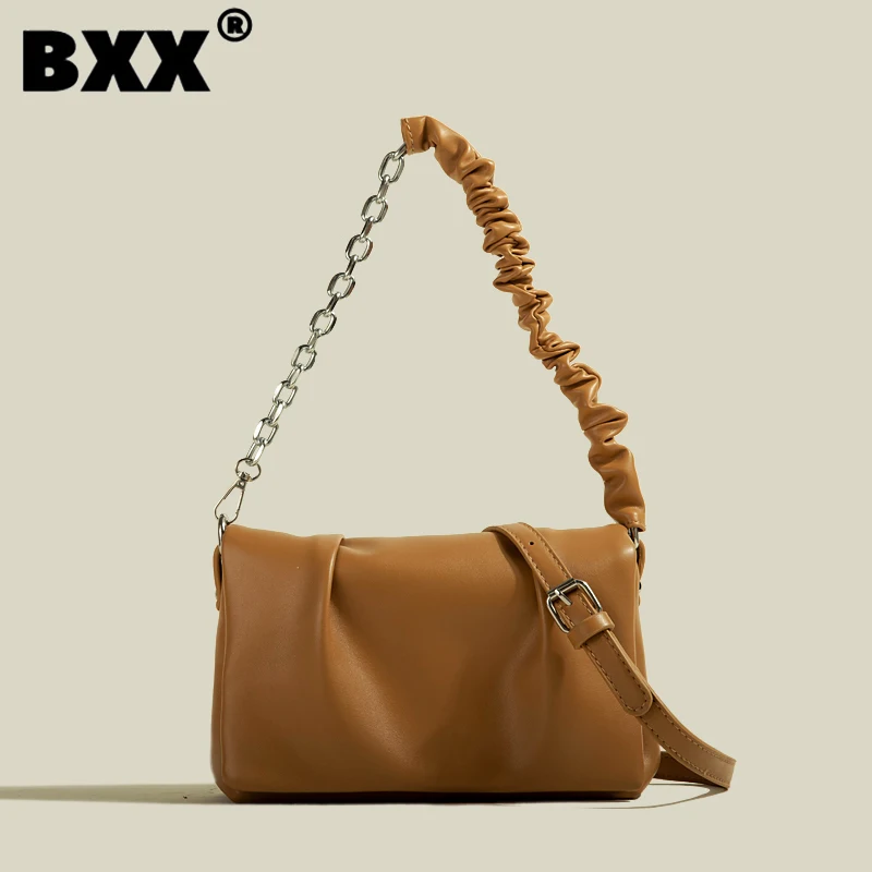 

[BXX] Pu Leather Folds One Shoulder Crossbody Bag Fashion Women Solid Color Versatile Chain Handbag 2023 New Messenger Bag Y1138