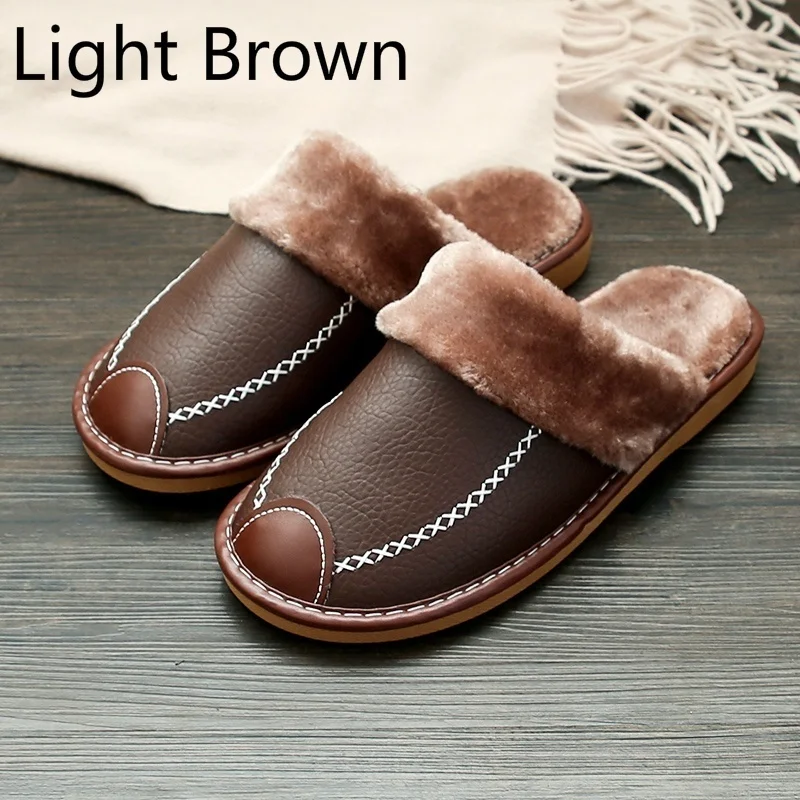 men slippers black new winter pu leather slippers warm indoor slipper waterproof home house shoes women warm leather slippers free global shipping