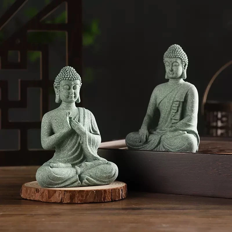 

Green Sand Stone Statue Gardening Bonsai Zen Tea Table Top Small Sitting Buddha Ornament