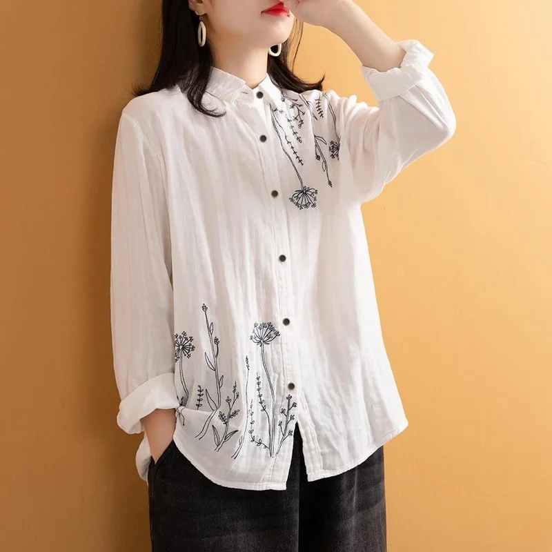 

2022 Summer New Women's Shirts Cotton Tops Simple Literary Ladies Long-sleeved Shirts Loose All-match Embroidered Shirts M-3XL