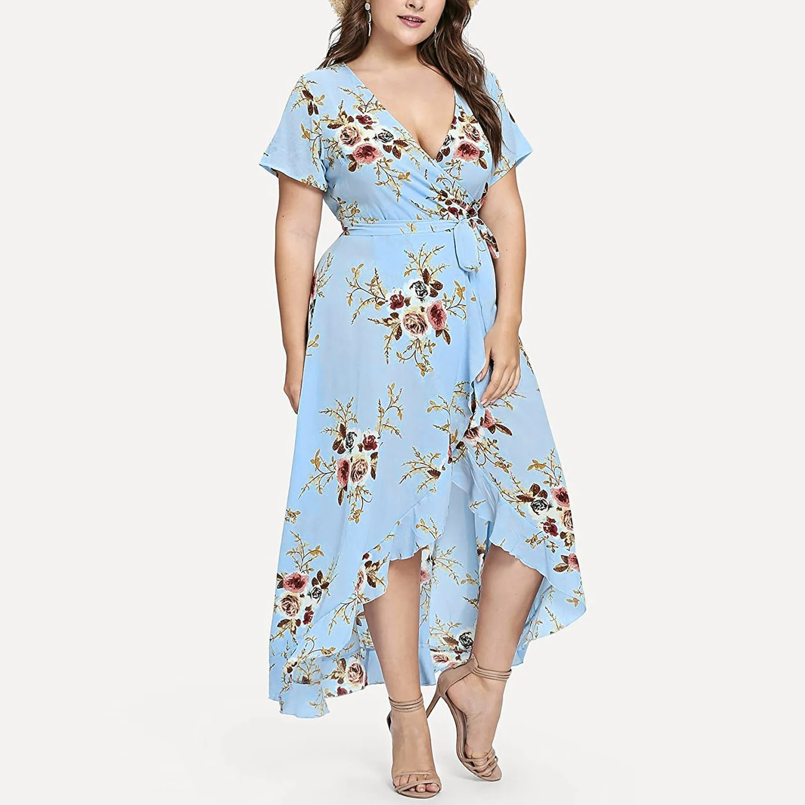 

2022 New V Neck Floral Print Boho Dress Women Summer Fashion Short Sleeve Maxi Dresses Holiday A-line Female Belted Dress #15