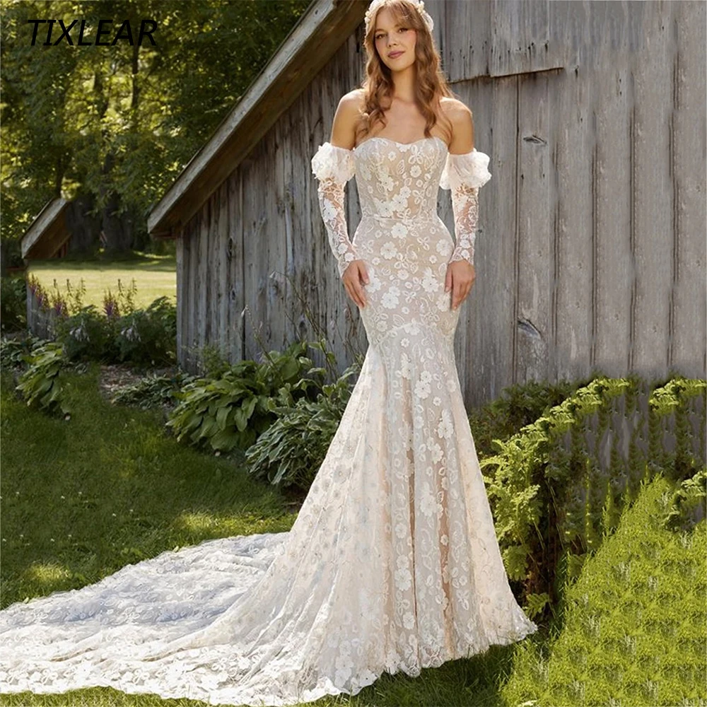 

TIXLEAR Elegant Strapless Mermaid Wedding Dress Lace Appliques Long Sleeves Backless Bridal Gown Floor Length Vestidos De Novia