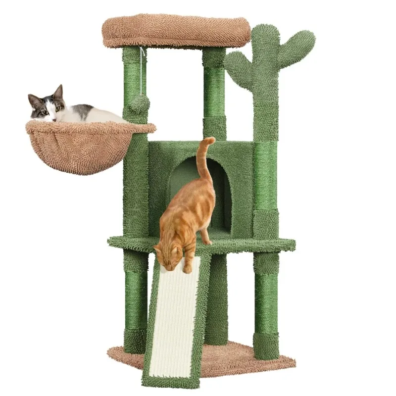 

Деревянная башня для кошек Smile Mart 42 дюйма H С КАКТУСОМ и натуральными сизальными когтеточками, зеленая и коричневая