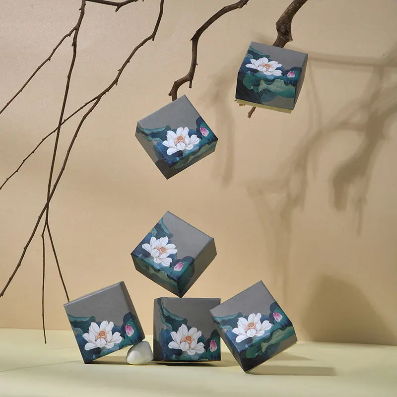 24pcs Lotus Heaven And Earth Cover Earring Box Jewelry Handmade Kraft Vintage Chinoiserie Style Ring Case Creative Gifts Packing