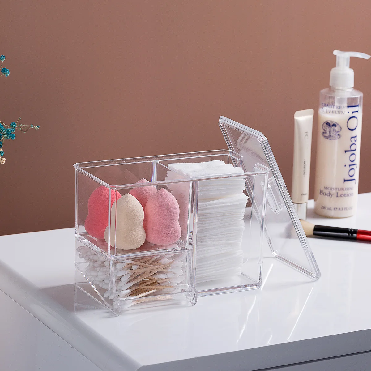

Cotton Swab Storage Box Dust Belt Cover Conjoined Beauty Egg Perfume Lipstick Makeup Transpa tidyrent Desktop Organizer