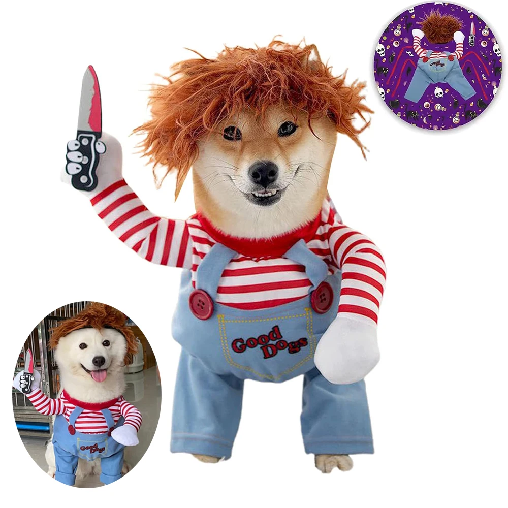 

Dog Halloween Costumes Deadly Pet Chucky Doll Funny Dress up Cats Scary and Spooky Custome Clothes for Small Dogs