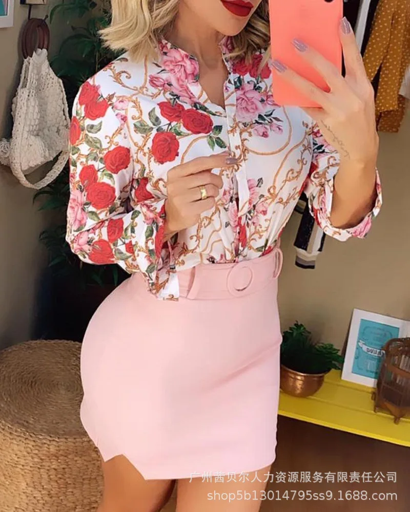 

Ladies 2 Piece With Skirt 2022 Women's Pink Casual Skirt Fashion Floral Print Short Skirt Set -With Belted