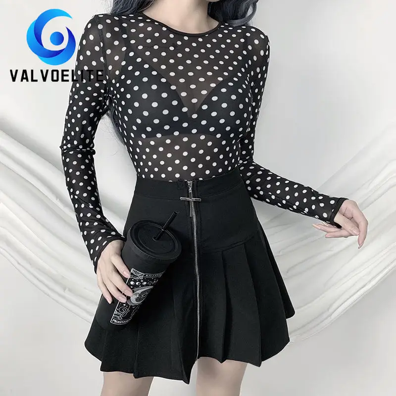 

New Woman Long-sleeved T-shirt Sexy Mesh Polka Dot Long-sleeved Round Neck Bottoming Jumpsuit Slim Fit and Slim All-match Top