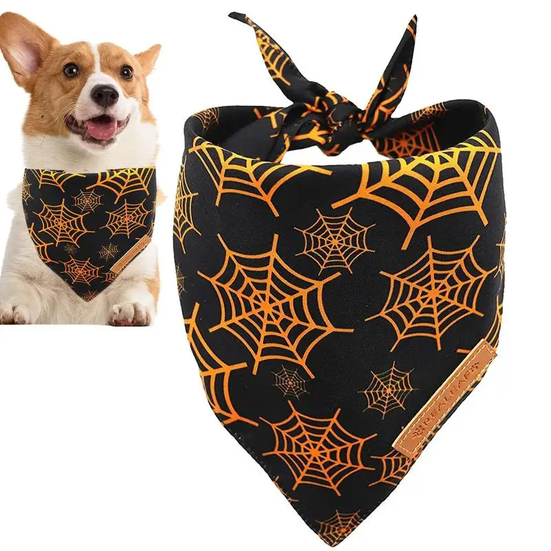 

Pumpkin Dog Bandana Halloween Costumes Spider Web Printed Dual Layer Halloween Scarve For Dogs Triangle Scarf Dog Kitten Bandana