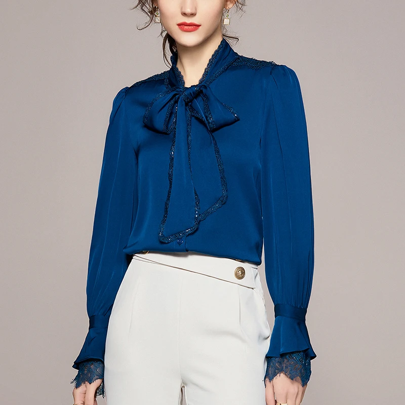 

Elegant Fashion Women's Blouse Office Lady Work Shirt Tops Bow Stand Collar Long Flare Sleeve Real Silk Woman Shirts Blouses