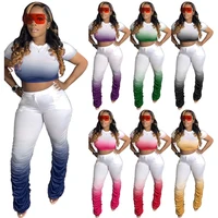 gradient casual 2 piece sets womens outfits summer 2022 womens tracksuit short sleeve crop tops and sports stacked pants suits