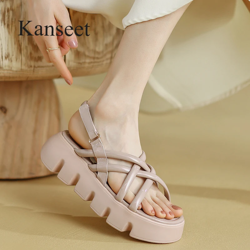 

Сандалии Kanseet женские на платформе, модная летняя обувь, узкие ремешки, квадратный каблук, бежевые, ручная работа, 2022