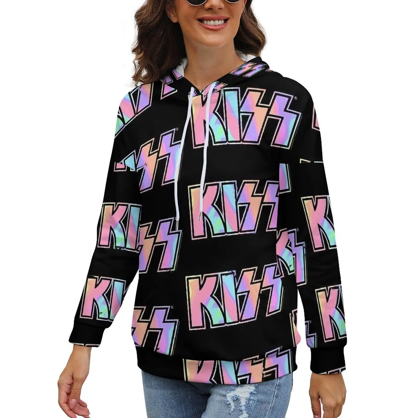 

Худи с логотипом группы Kiss, Модный пуловер с принтом пастельных цветов, худи, женские толстовки с длинным рукавом, большие размеры, Классические худи с графическим принтом