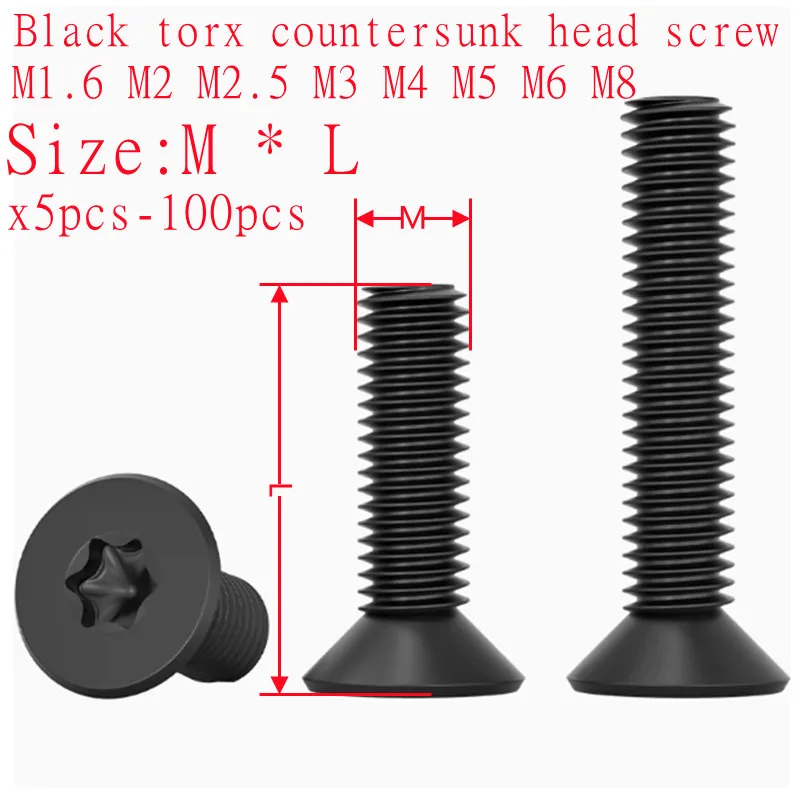 

5 шт.-100 шт./лот M1.6 M2 M2.5 M3 M4 M5 m6 m8 Черный GB2673 Шестилепестковый винт Torx с плоской потайной головкой