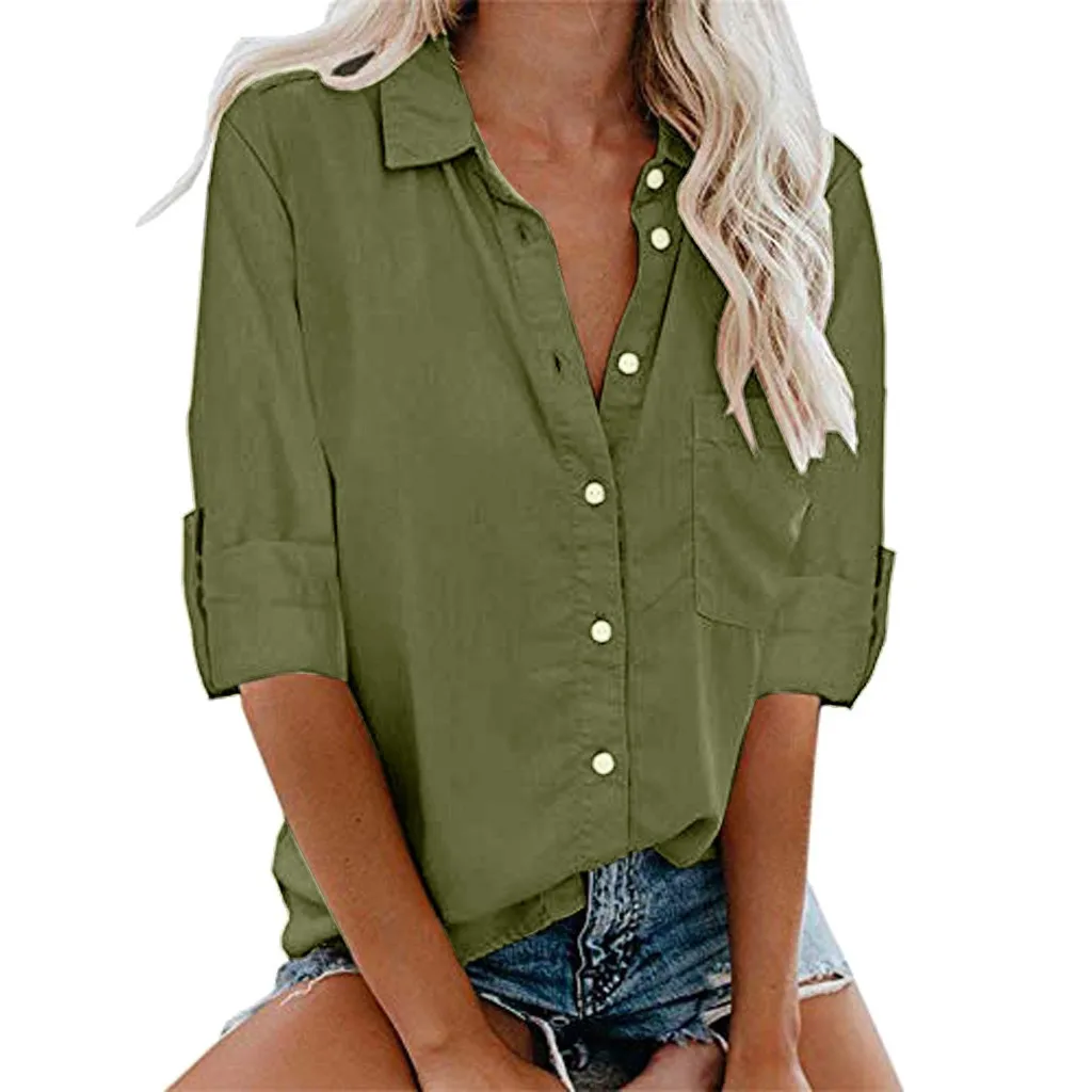 

Leisure Green Shirts Button Lapel Cardigan Cotton Top Ladies Loose Long Sleeve Shirt Womens Office Blouses Casual Tunic Blusas