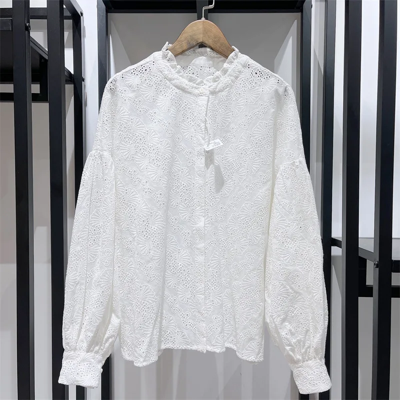 100%Cotton Shirts 2022 Autumn Winter Style Women Allover Exquisite Embroidery Long Sleeve Casual White Blouse Shirts Clothes