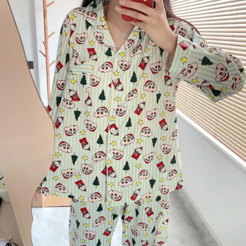 

Милые пижамы Sanrio Crayon Shinchan с длинным рукавом из чистого хлопка в полоску домашние искусственные рождественские подарки для подруг