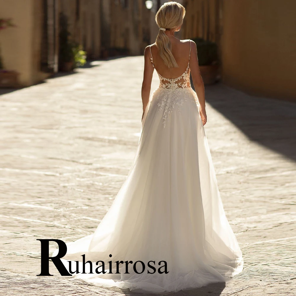 

Ruhair Chic Backless Wedding Dresses For Bride Appliques Lace V-Neck Beadings Illusion A-Line Vestido De Casamento Custom Made