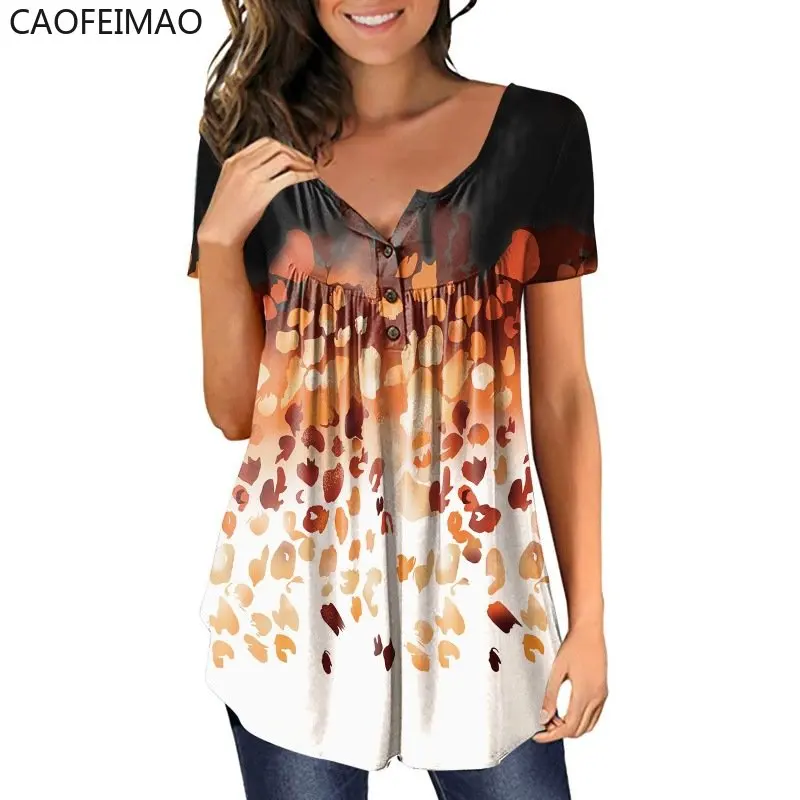 

Женская модная плиссированная туника на пуговицах с V-образным вырезом, топы Vntiage, свободная повседневная футболка с принтом, топ 2023, летние футболки, свободная Дамская блузка, блуза