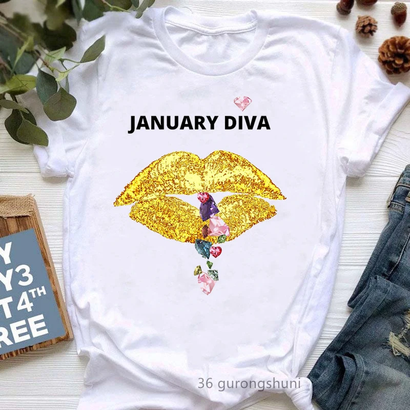 

January Diva Golden Lips Graphic Print T Shirts Girls Funny White Makeup Tshirt Femme Summer Short Sleeve T-Shirt Female