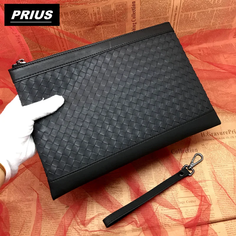 Top grade leather business clutch high-capacity file bag Fashion casual men's bag Woven envelope bag New