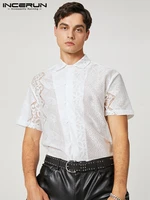 incerun tops 2022 american style new mens lace stitching blouse casual male solid color comfortable short sleeved shirts s 5xl