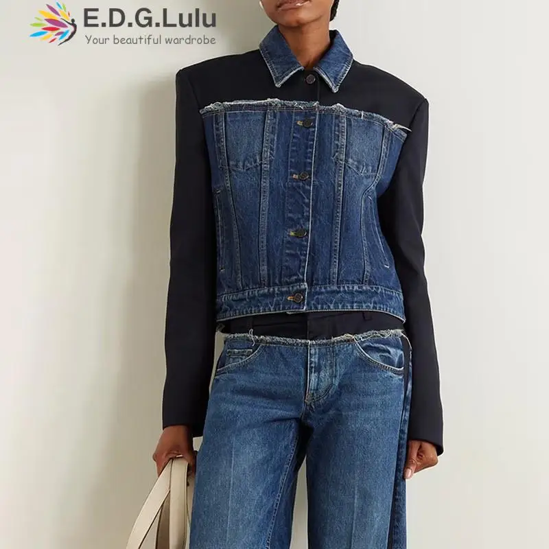 

EDGLuLu 2023 женская черная джинсовая короткая однобортная куртка с длинным рукавом и отложным воротником Весенняя ковбойская куртка топ 1015