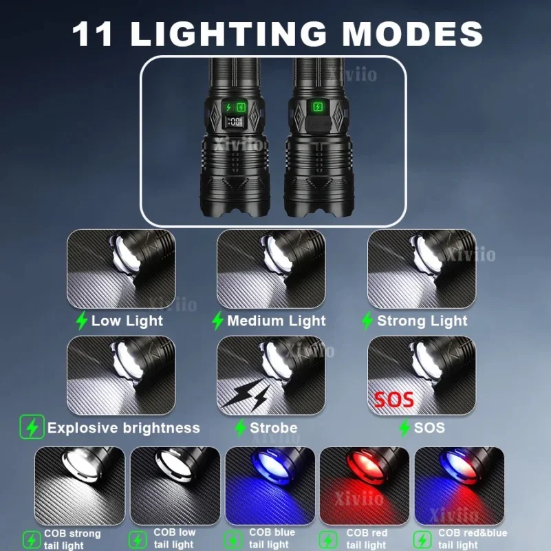 Фото 99000000LM 1500W Ультрамощный перезаряжаемый светодиодный тактический фонарь, сверхъяркий светильник для активного отдыха, рыбалки и кемпинга. №2