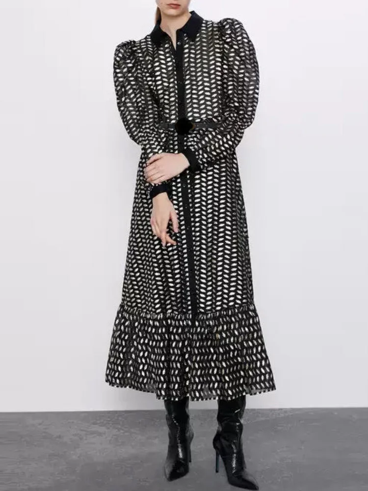 

Printed Polka Sleeve Dot Splicing Dress Elegant Loose Belt Maxi Women Autumn 2023 New Vestido Long Casual Robe SK251