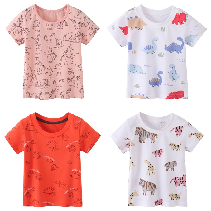 

Jumping Meters Kids T-shirt Cartoon Dinosaur Knitted Cotton Casual Breathable Short Sleeve Top Clothes Sports Bottoming Shirt